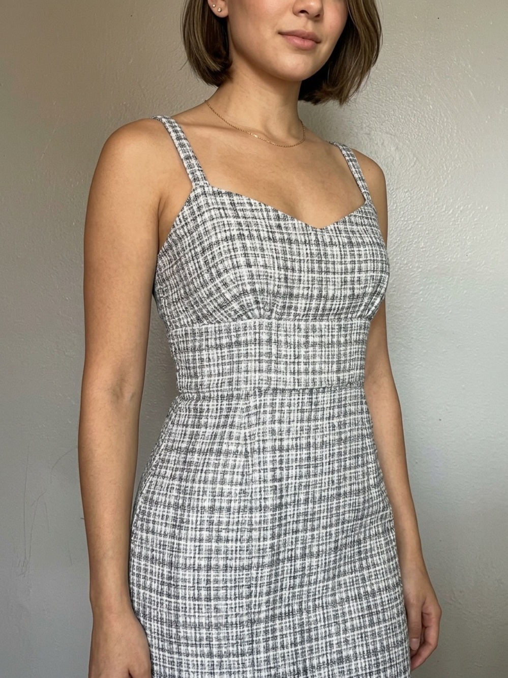 Lulu's Grey Plaid Sweetheart Neckline Mini Dress